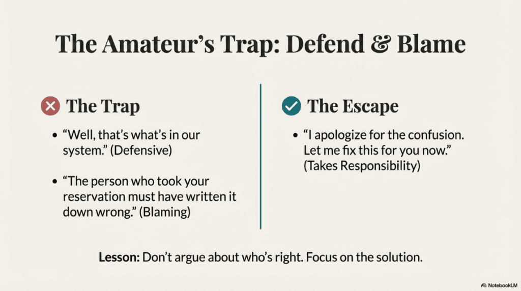 Wrong vs right responses when handling customer complaints in restaurants showing defensive vs apologetic language