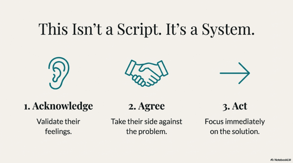 Three step system for handling angry customers: acknowledge feelings, agree with customer, take action