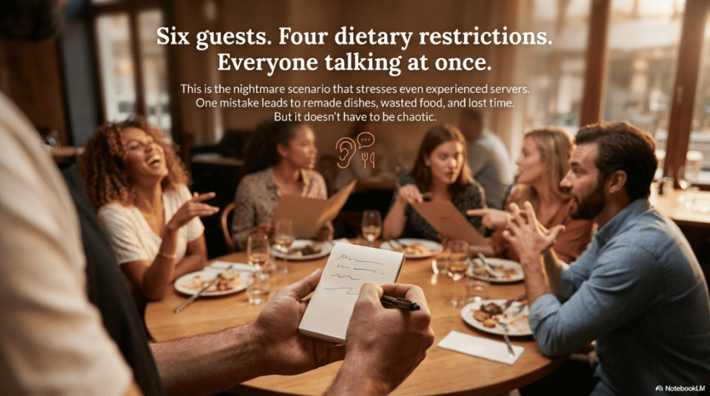 Server taking order from large group at restaurant table with notepad