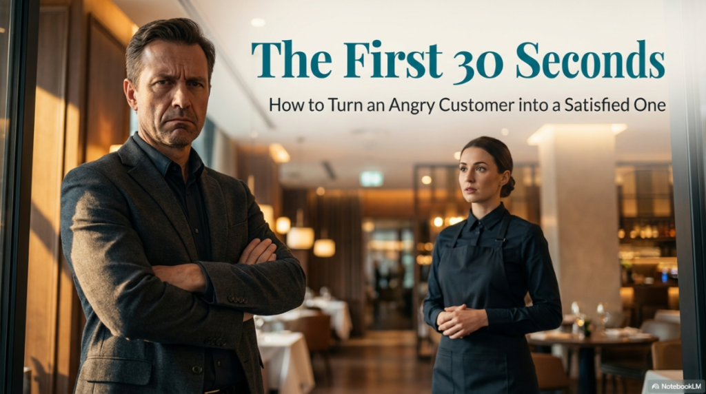 Professional server greeting angry customer at restaurant entrance with calm body language