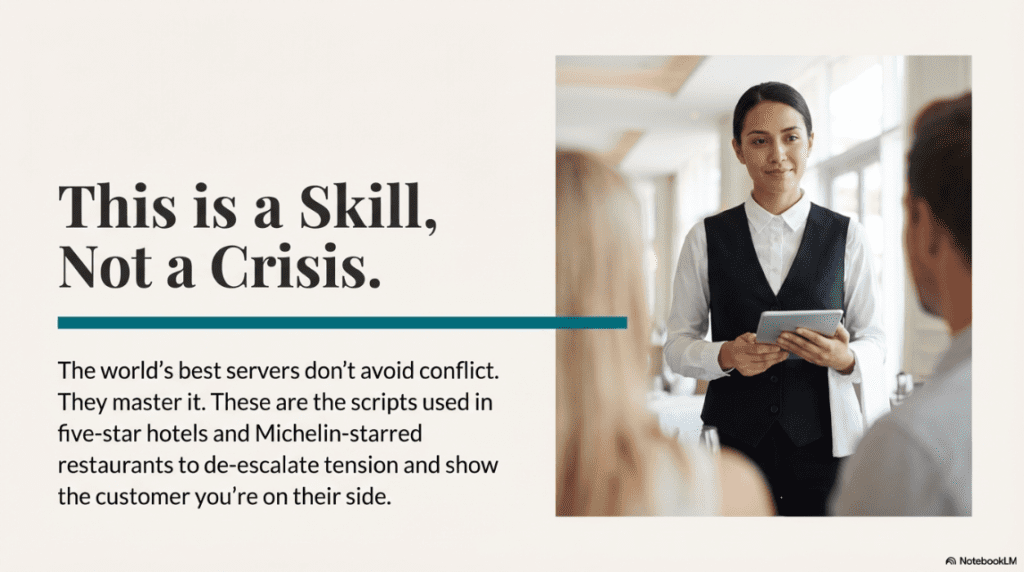 Professional waitress holding tablet demonstrating conflict resolution skills in restaurant
