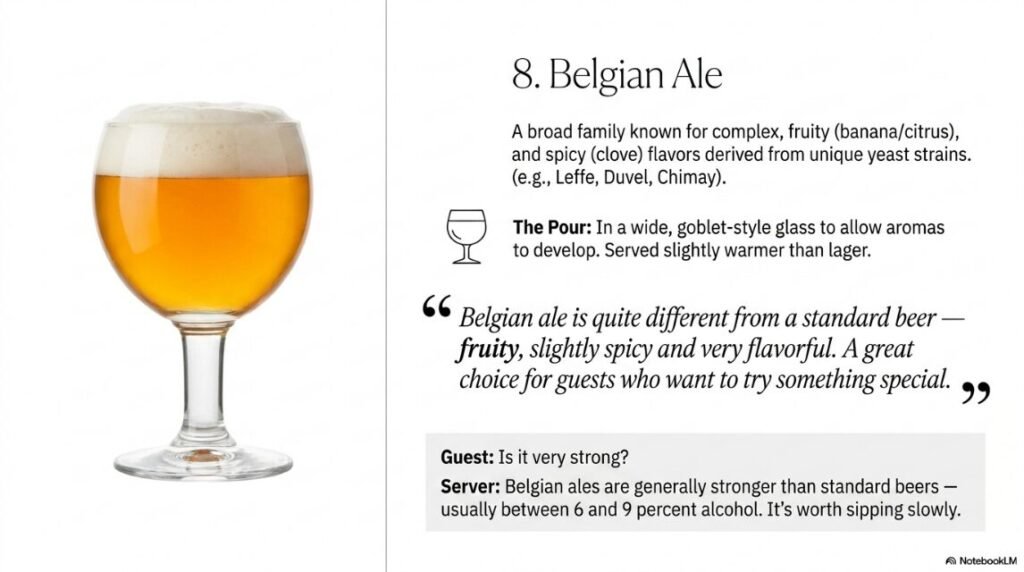 Belgian Ale
What it is:
A broad family of ales from Belgium known for their complex, fruity and spicy flavours. Belgian ales are brewed with unique yeast strains that give them their distinctive character