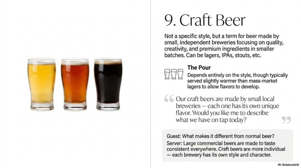 Craft Beer
What it is:
Craft beer is not a specific style — it is a term for beer made by small, independent breweries that focus on quality, flavour and creativity.
