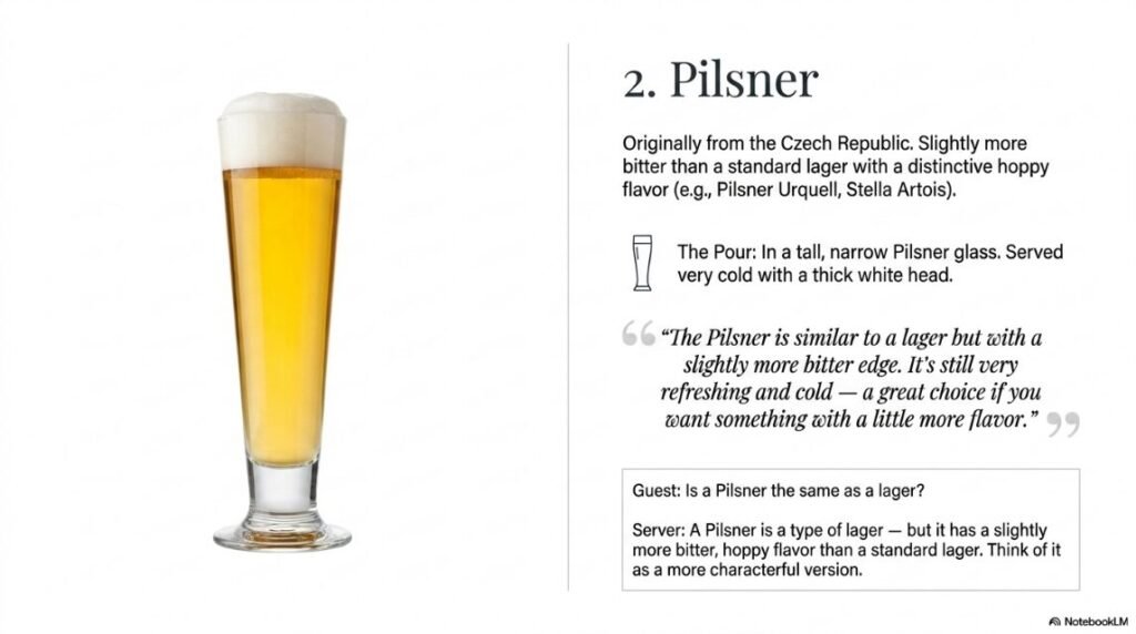 Pilsner
What it is:
A type of lager originally from the Czech Republic. Slightly more bitter than a standard lager with a more distinctive hoppy flavour. Brands like Pilsner Urquell and Stella Artois are well known examples.