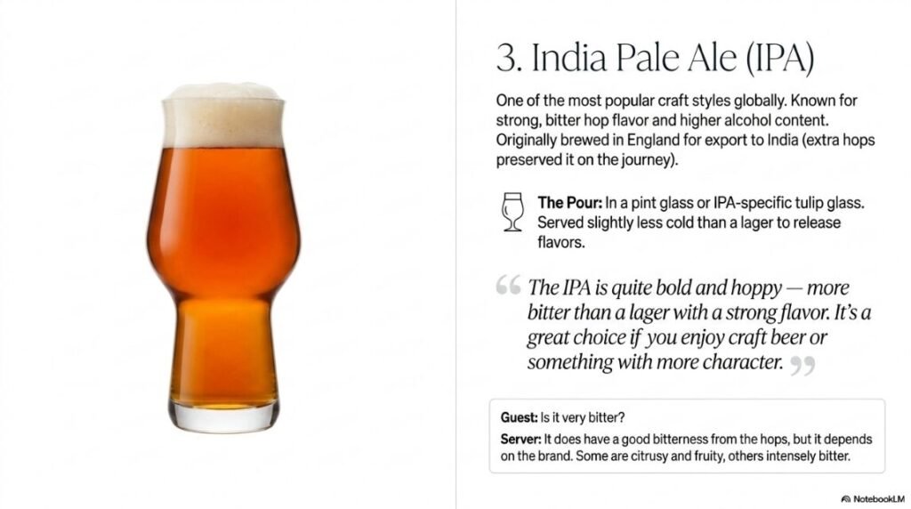 IPA — India Pale Ale
What it is:
One of the most popular craft beer styles in the world. Known for its strong, bitter hop flavour and higher alcohol content. Originally brewed in England for export to India — the extra hops preserved the beer on the long journey.