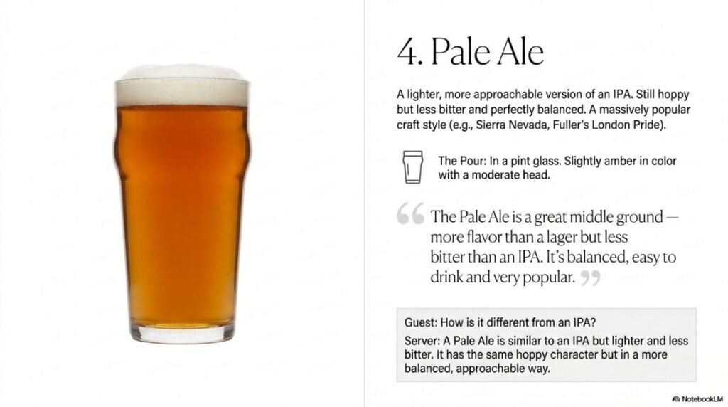 Pale Ale
What it is:
A lighter, more approachable version of an IPA. Still hoppy but less bitter and more balanced. One of the most popular styles in craft beer. 