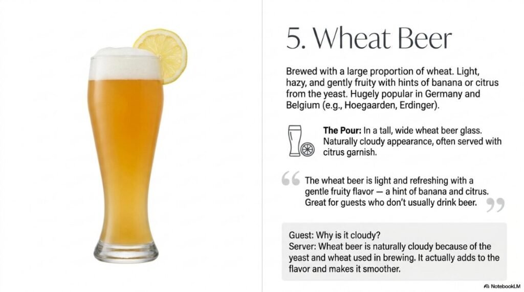 Wheat Beer
What it is:
A beer brewed with a large proportion of wheat rather than barley. Light, hazy and slightly fruity. Very popular in Germany and Belgium.