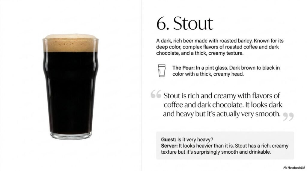 Stout
What it is:
A dark, rich beer made with roasted barley which gives it a deep colour and a strong, complex flavour. Known for its thick, creamy texture. 