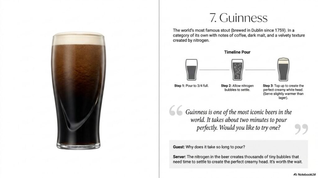 Guinness
What it is:
The world's most famous stout, brewed in Dublin since 1759. Guinness has a unique flavour and a distinctive two-part pour that creates its famous creamy head.