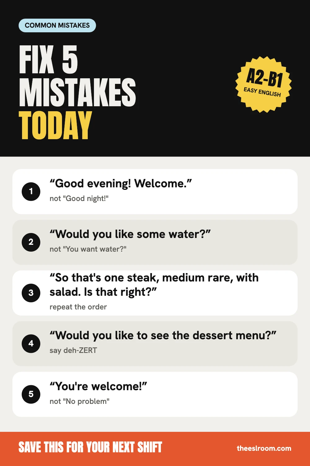 Common mistakes waiters make in English phrase card: 5 fixes