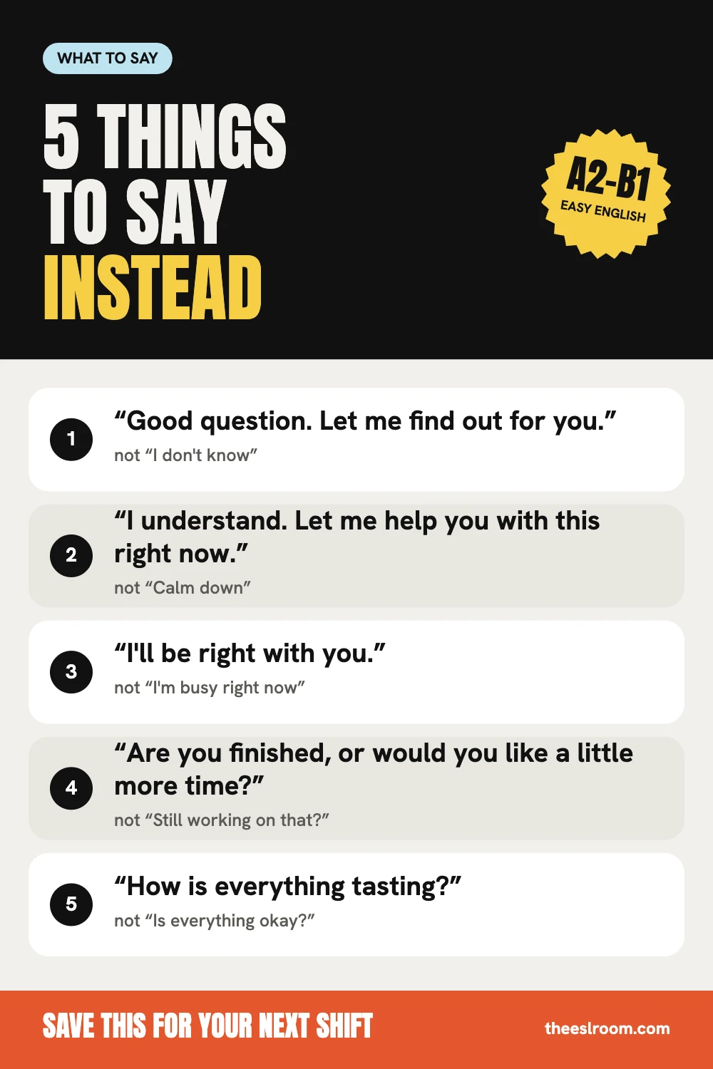 Things never to say to a restaurant guest phrase card: 5 better English phrases for waiters