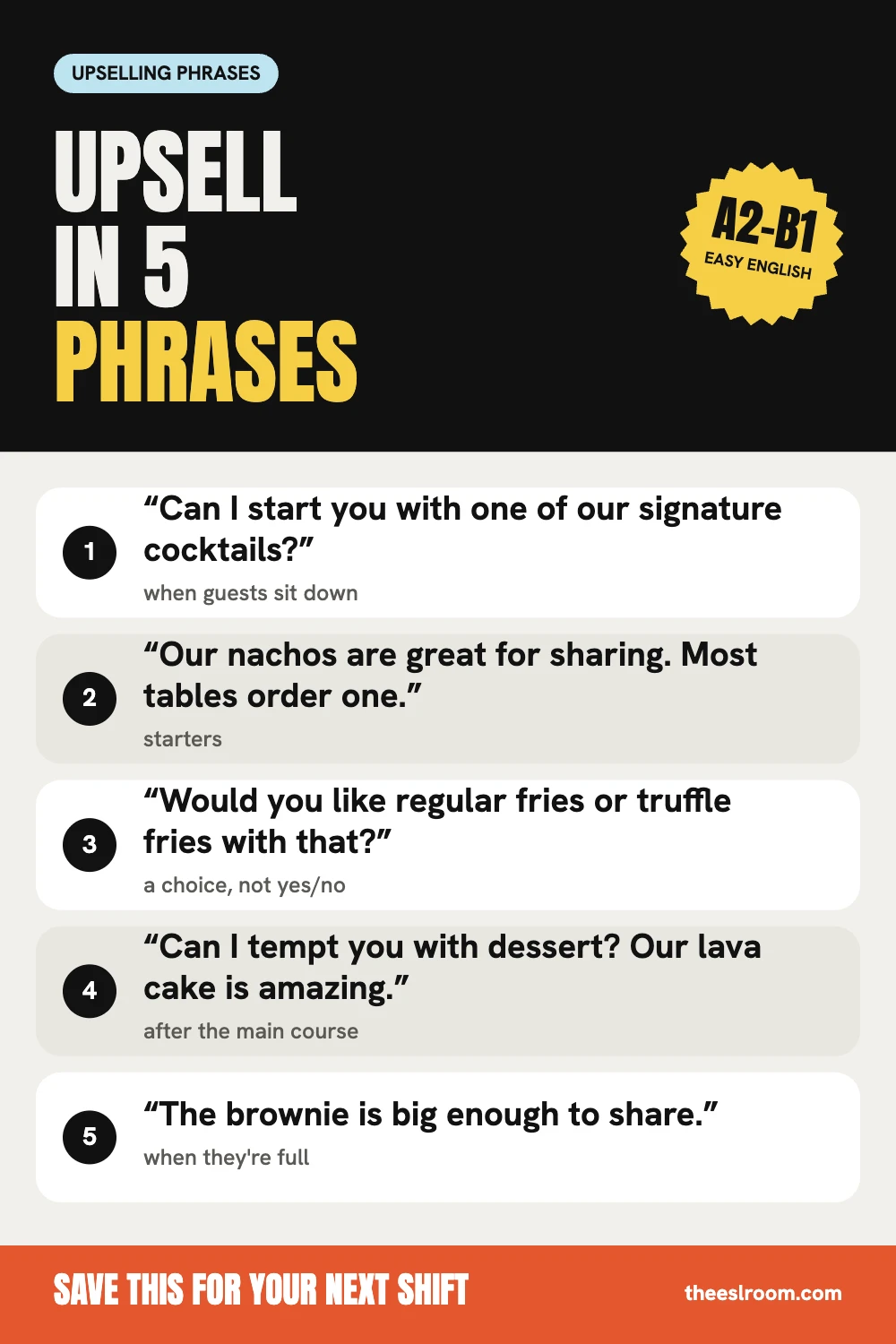 Upselling phrases card: 5 easy phrases for waiters