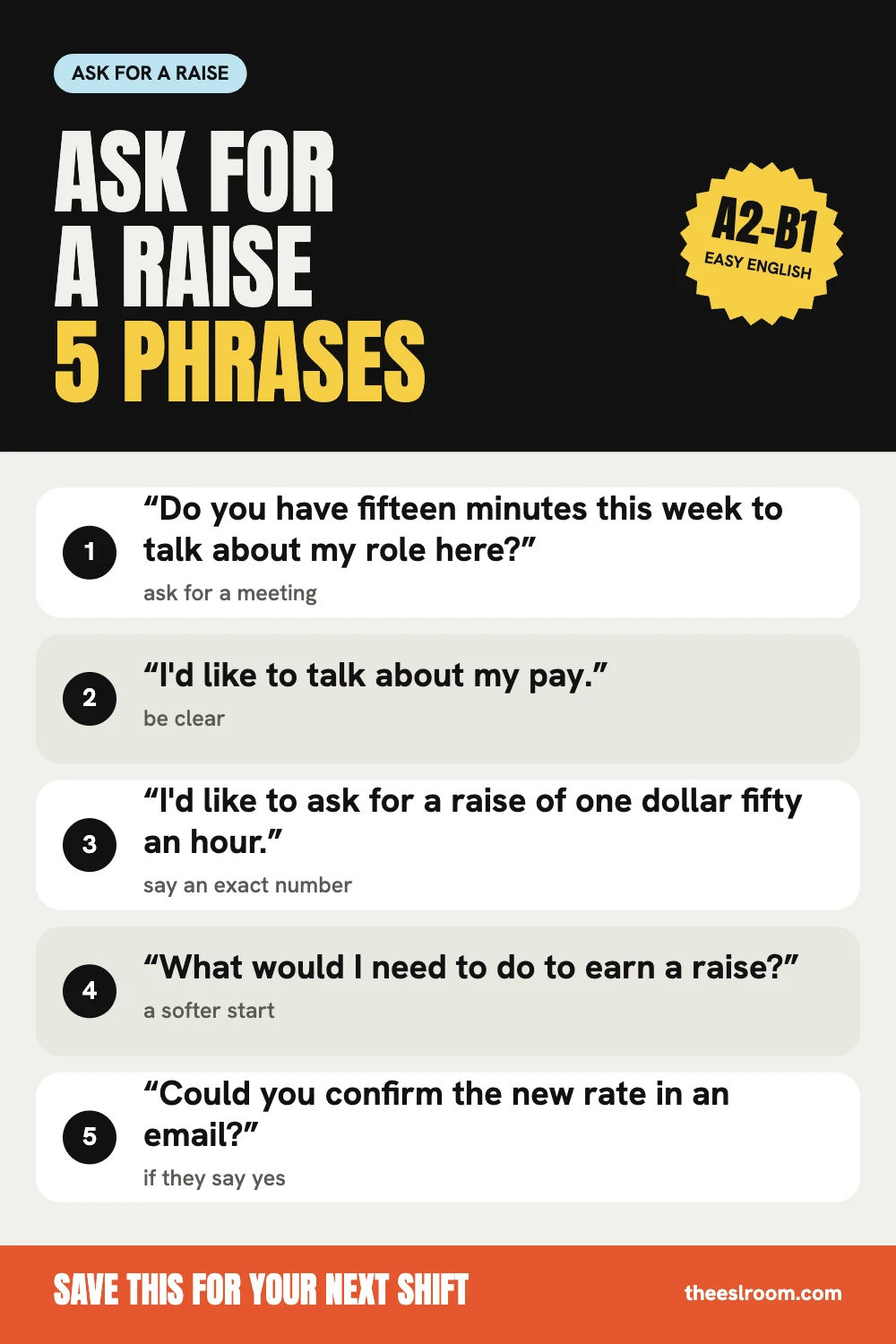 How to ask for a raise phrase card: 5 phrases for servers