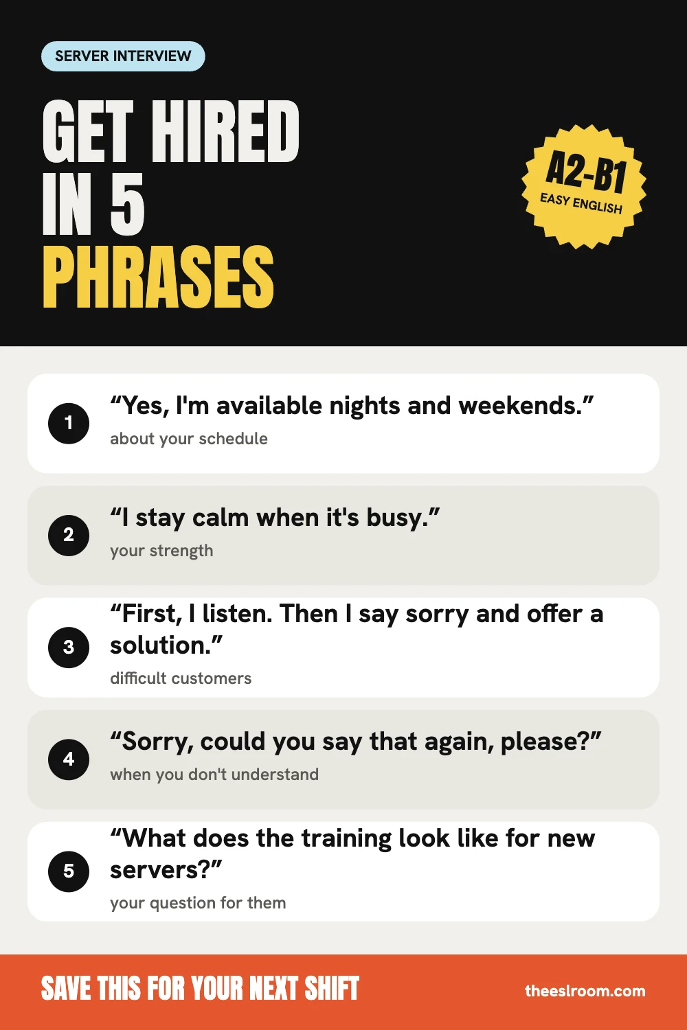 How to get hired as a server phrase card: 5 interview phrases