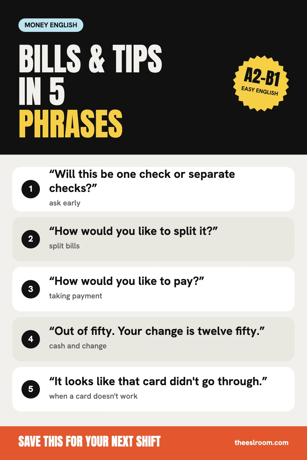 Restaurant money English phrase card: 5 phrases for bills and tips