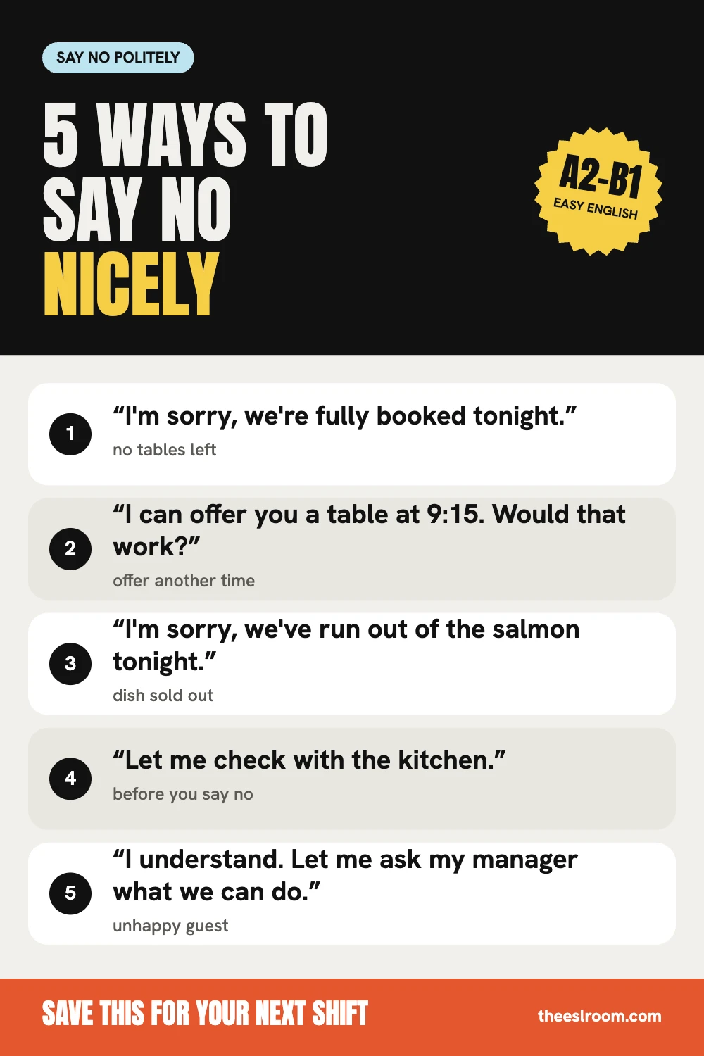 How to say no to a customer politely phrase card: 5 easy English phrases for waiters