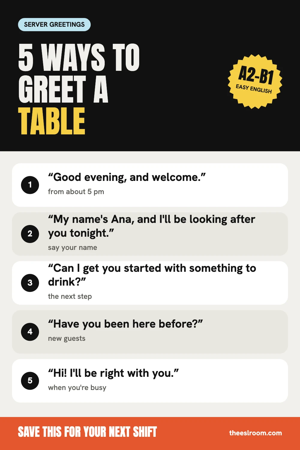 Server greeting examples phrase card: 5 easy English phrases for waiters
