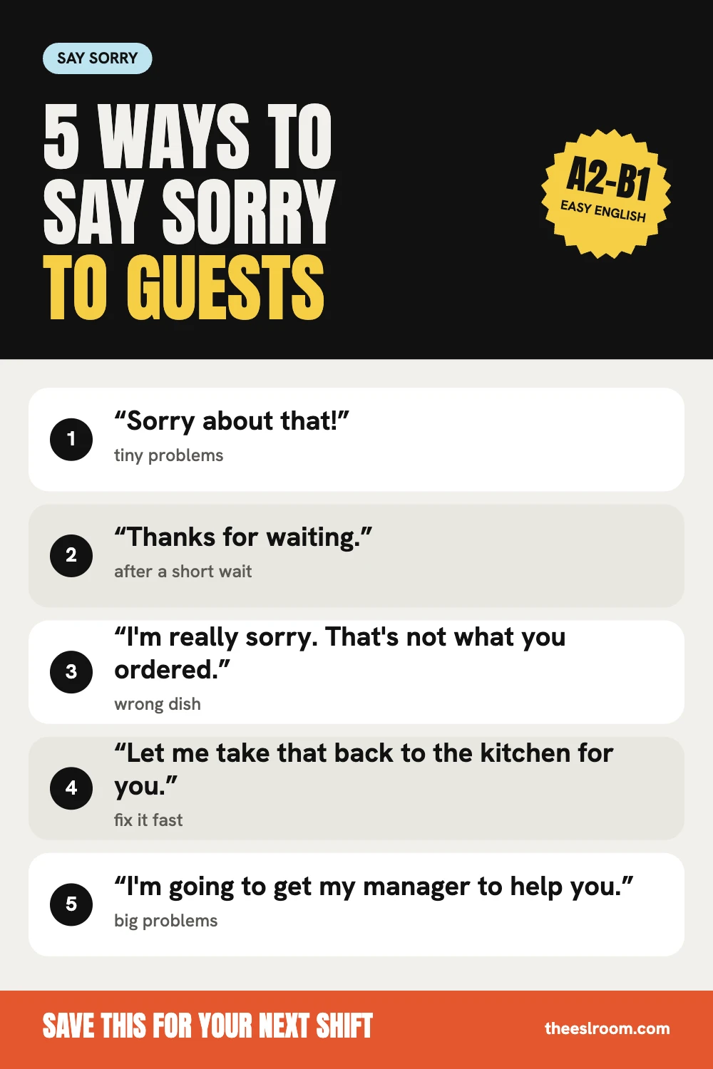 Ways to say sorry to a customer phrase card: 5 easy English phrases for waiters